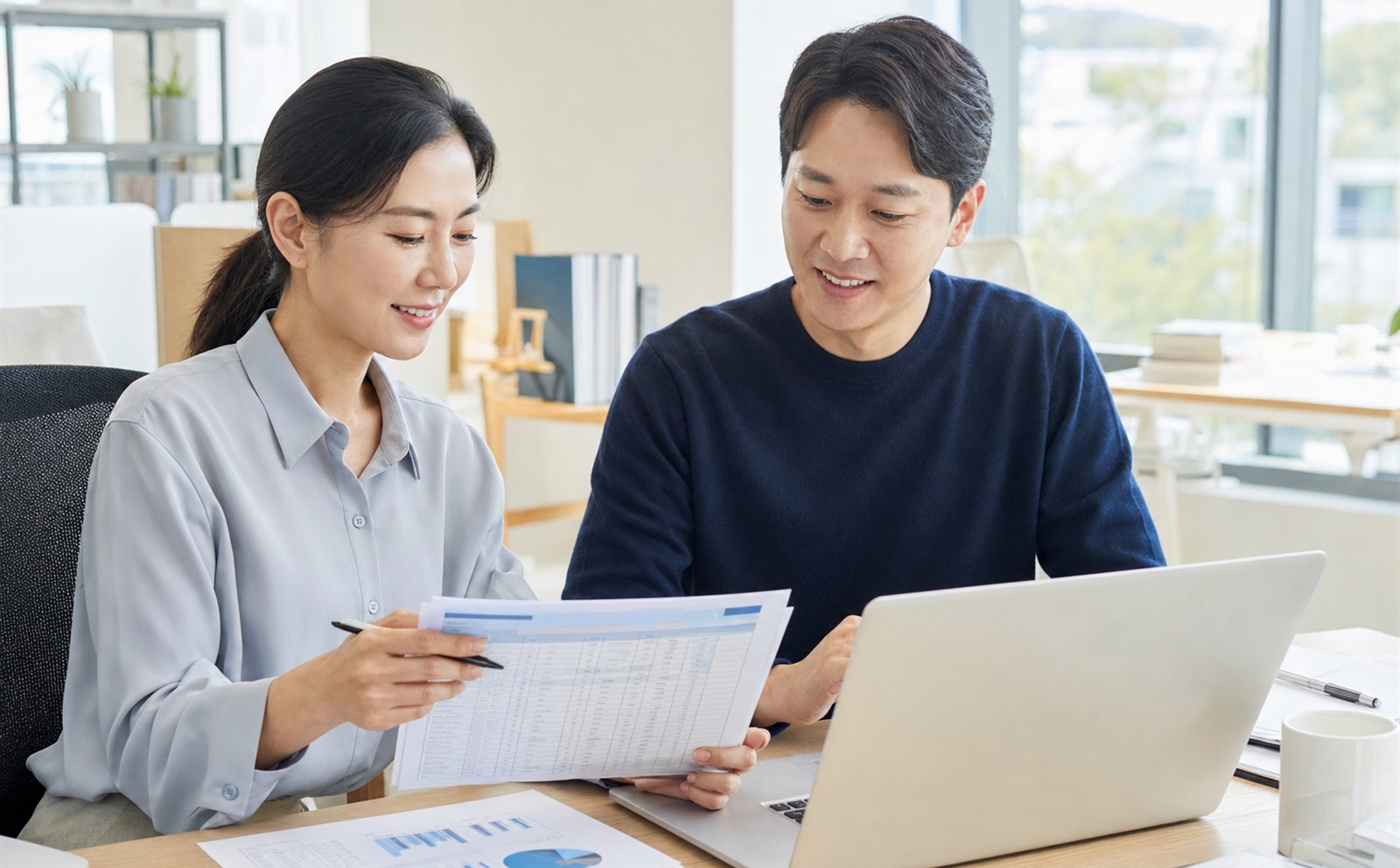 작은 사무실에서 노트북과 인쇄된 거래처 명단을 함께 검토하는 한국인 동료 두 명
